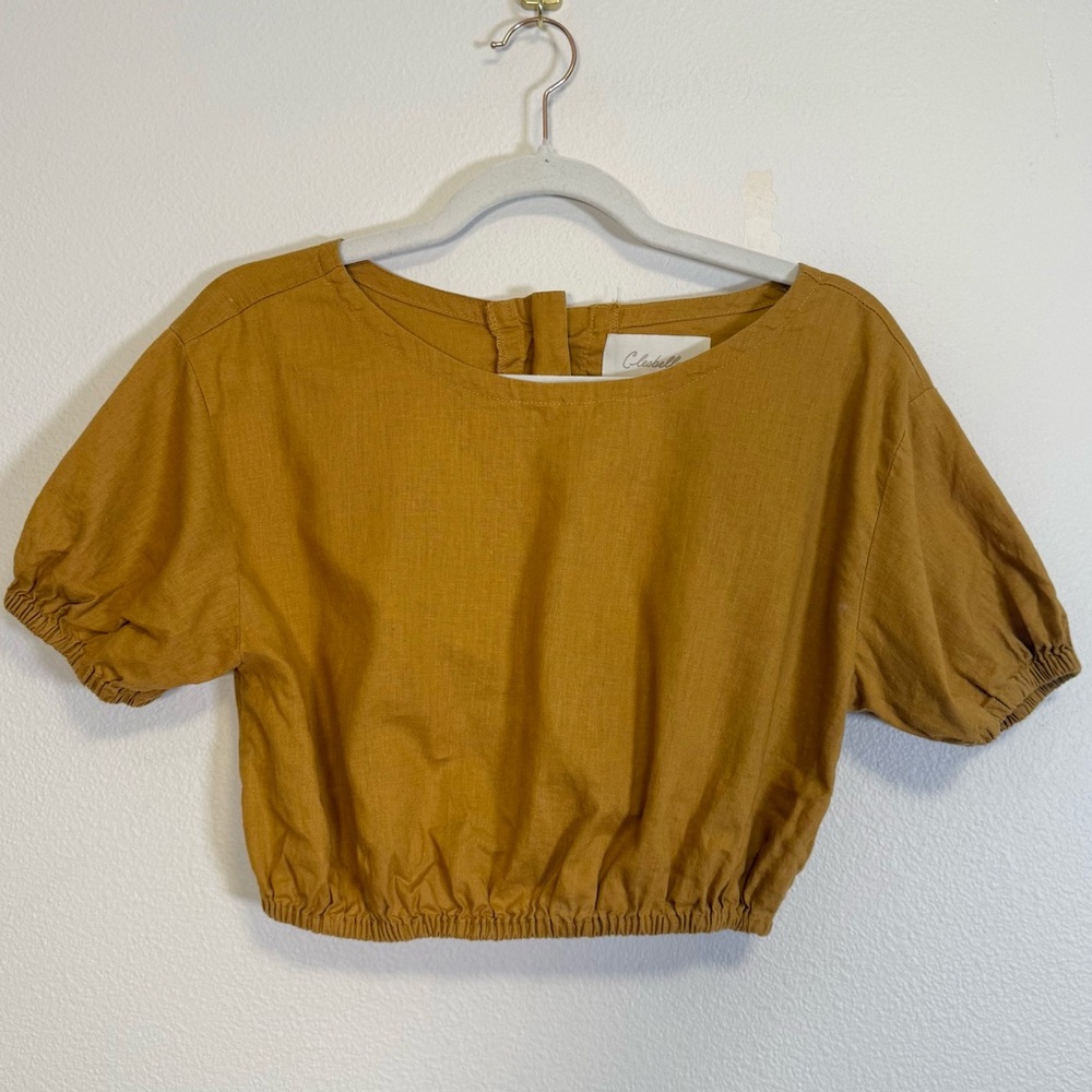 Cleobella linen puff sleeve crop‎ top in mustard women’s Sz XS back buttons